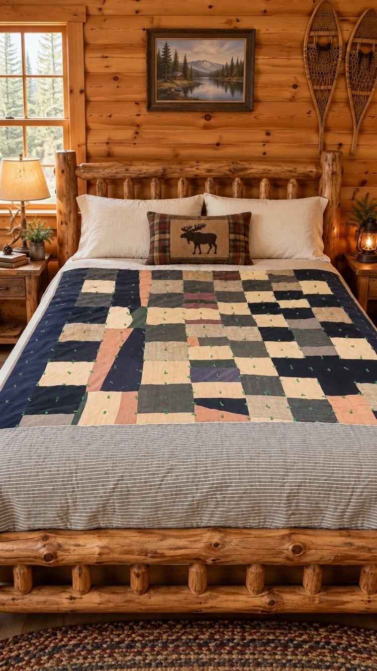 Vintage Heavy Handmade 79 X 72” Large Block Patchwork Quilt Some Flaws See Photo